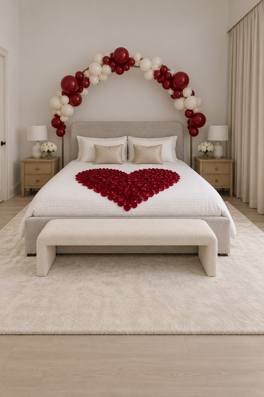 Neutral bedroom with a red and ivory balloon arch and a densely filled red petal heart on white bedding