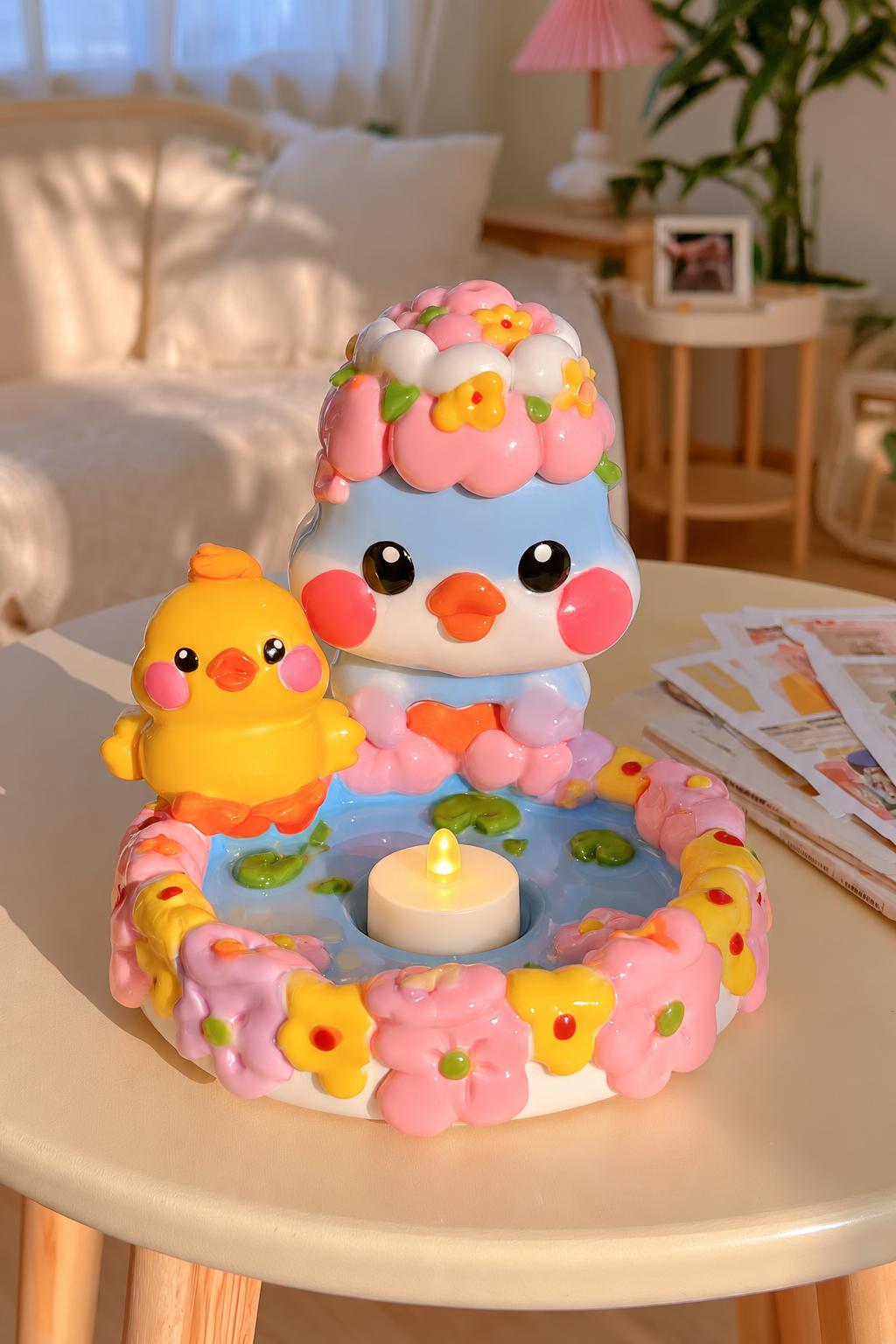 Blue and yellow ducks on a floral pond base with one flameless electric tealight at base level