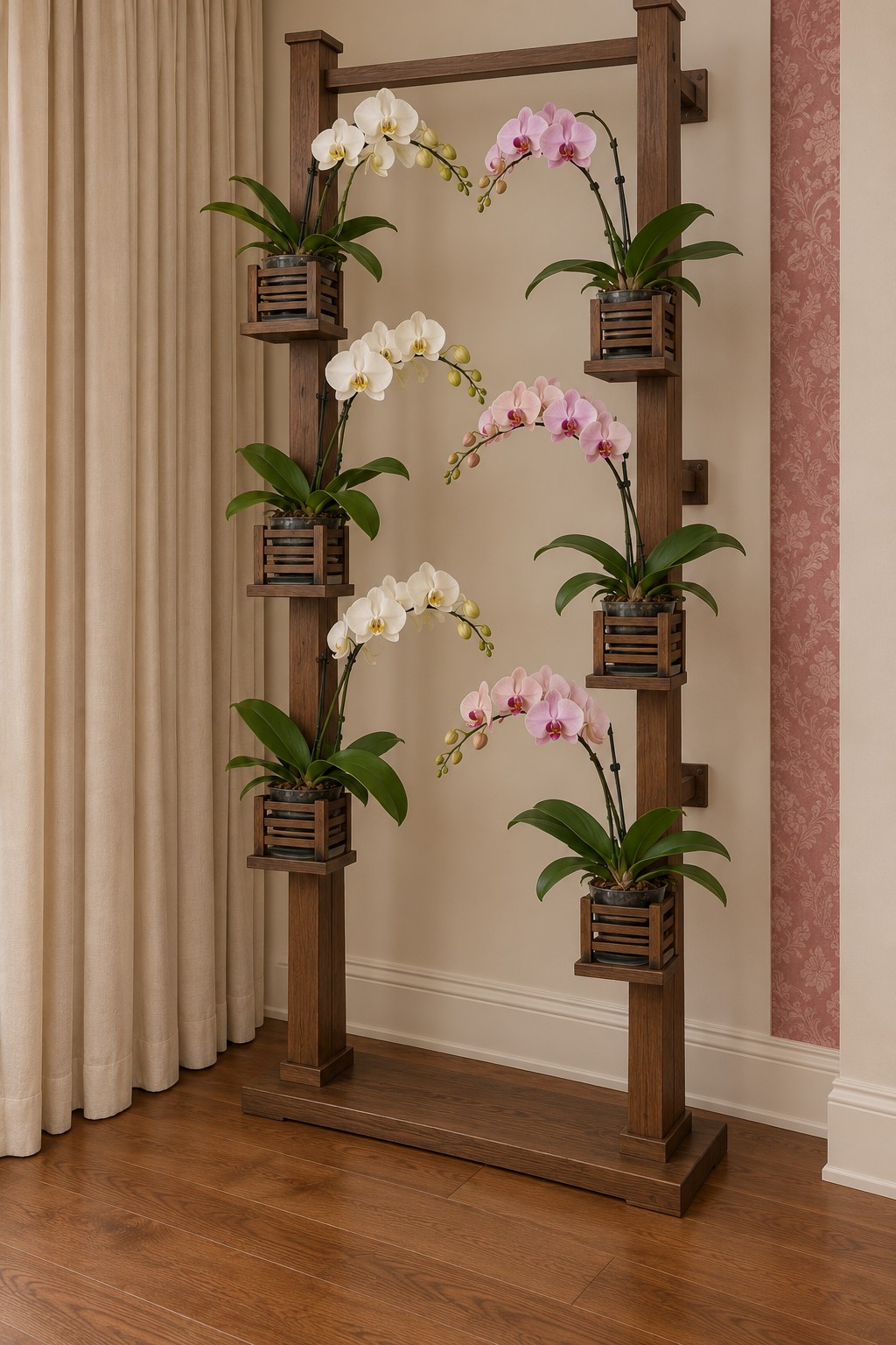 Large dark wood rectangular frame with three orchid baskets on each side