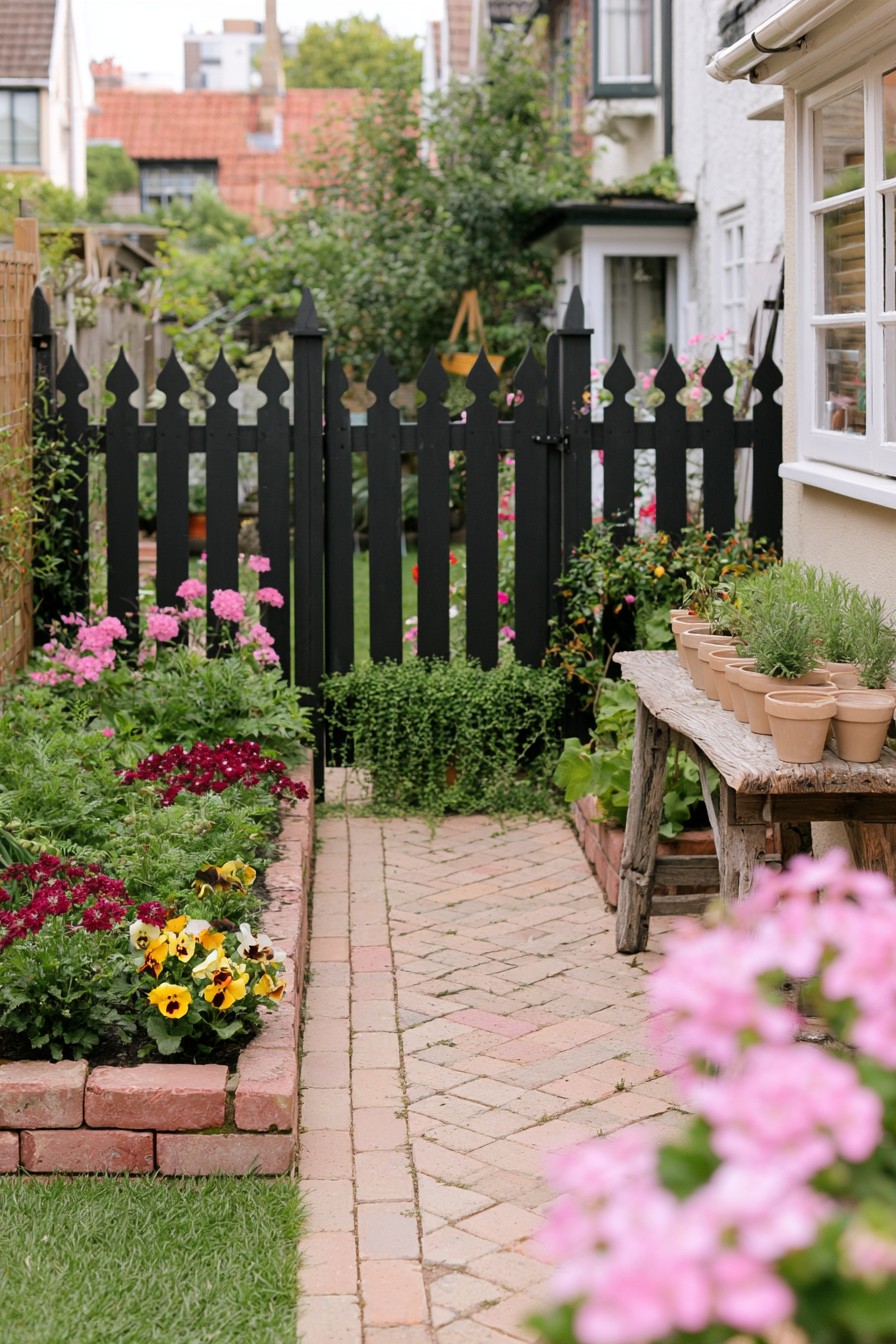 Reclaimed brick Gothic garden with black picket gate