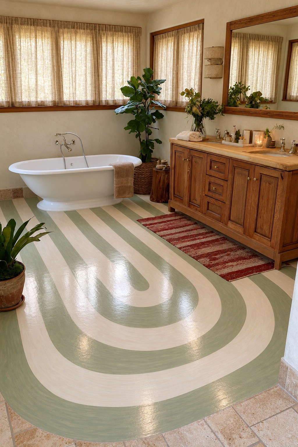 Wide sage and cream stripes curving into a rounded turn across a bathroom floor
