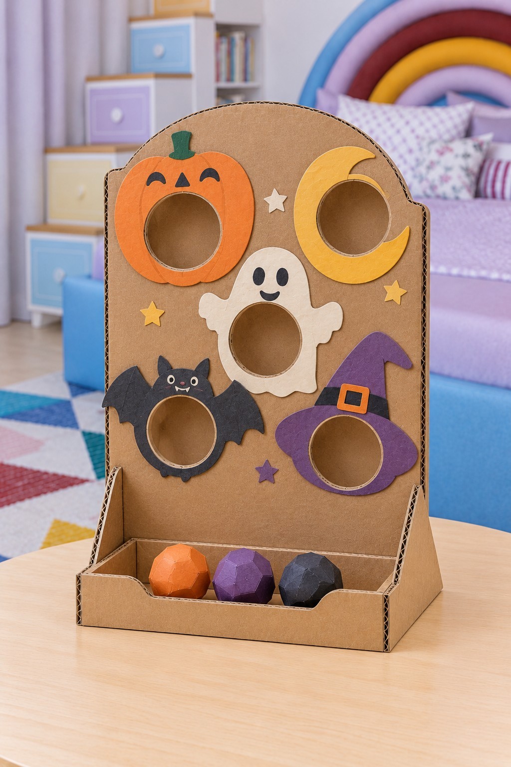 Cardboard Halloween ball toss board with pumpkin, moon, ghost, bat and witch hat targets