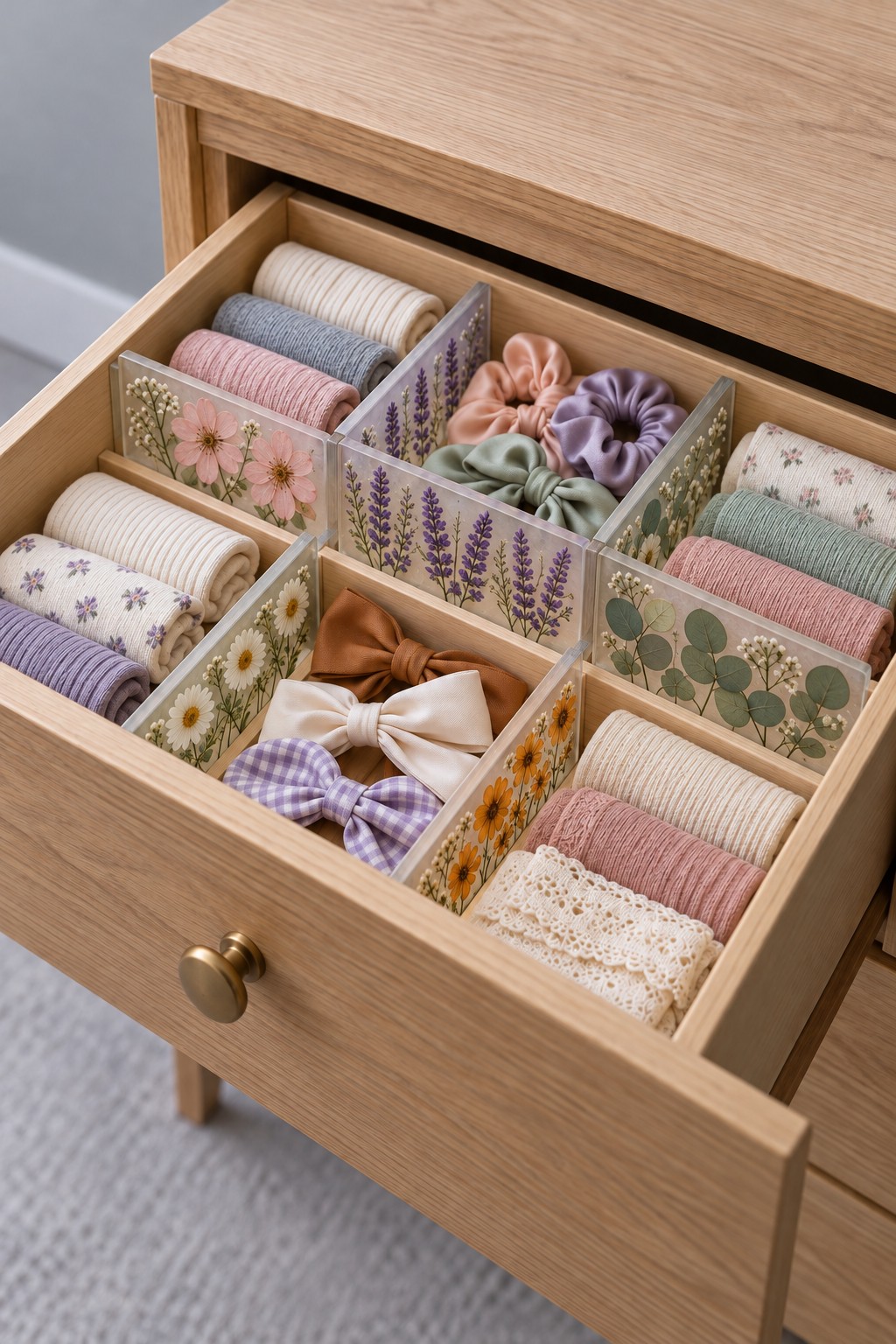 Clear botanical resin divider panels fitted among wooden compartments in a dresser drawer holding folded textiles and hair accessories.