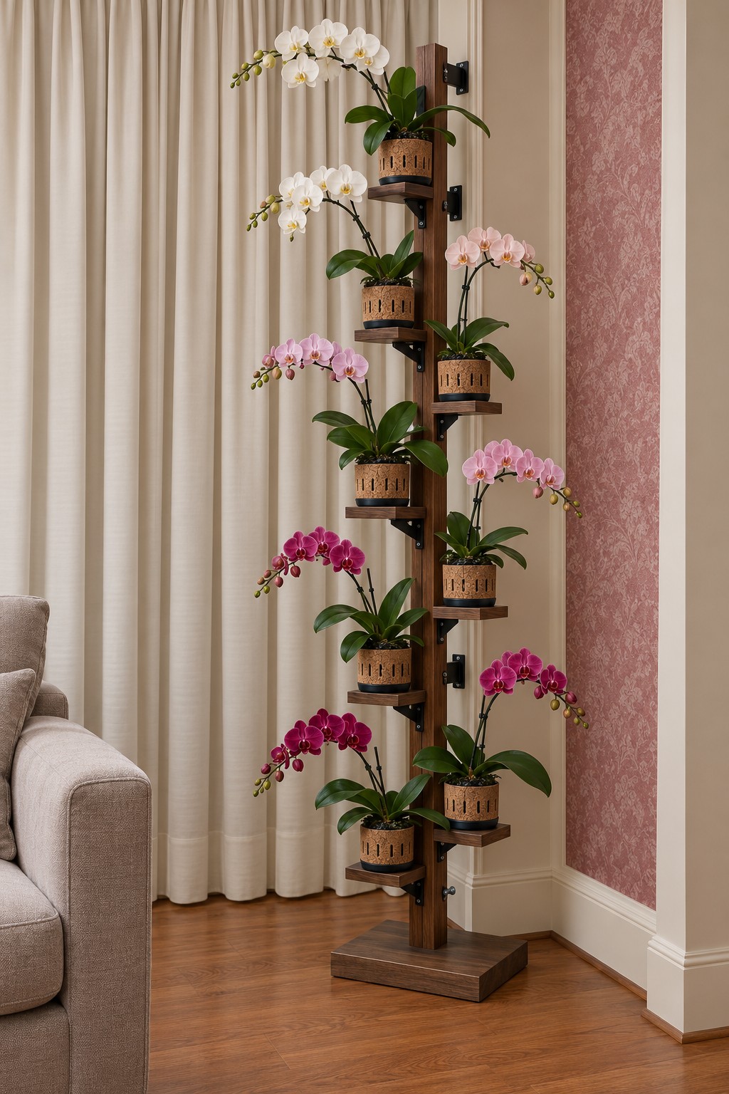 Tall narrow wooden tower with eight alternating orchid baskets from white to deep magenta