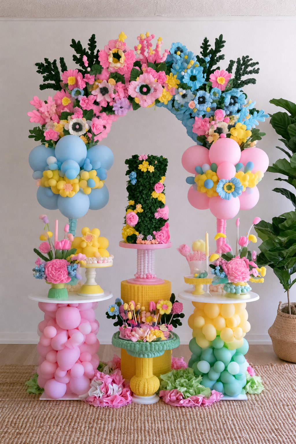 Colorful flower arch gender reveal dessert station with pink and blue balloons