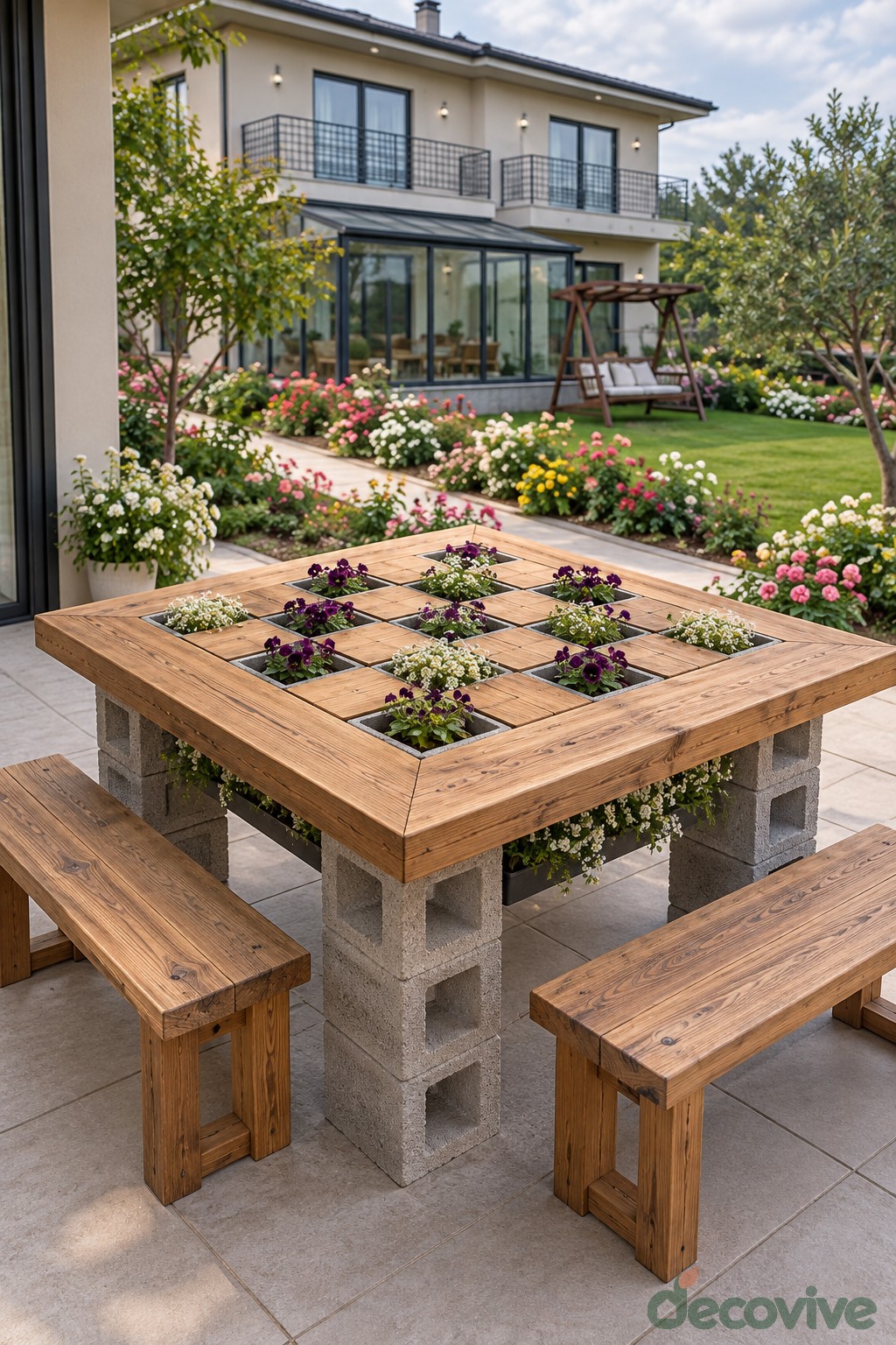 Square timber garden table with small planted openings and matching benches