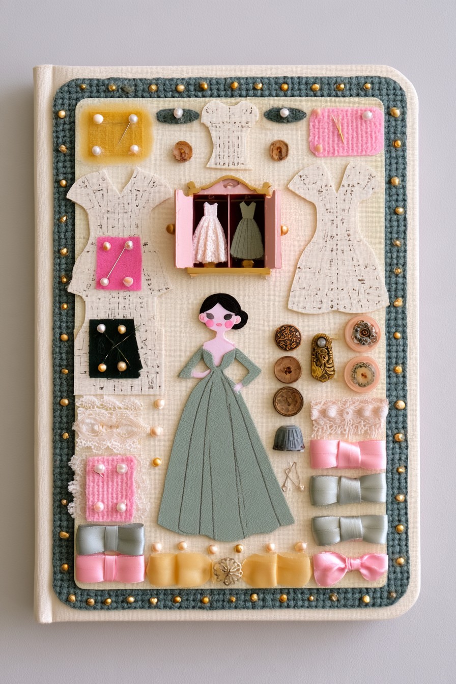 Fashion atelier sketchbook cover with a central dress, lace swatches, buttons, and miniature sewing details
