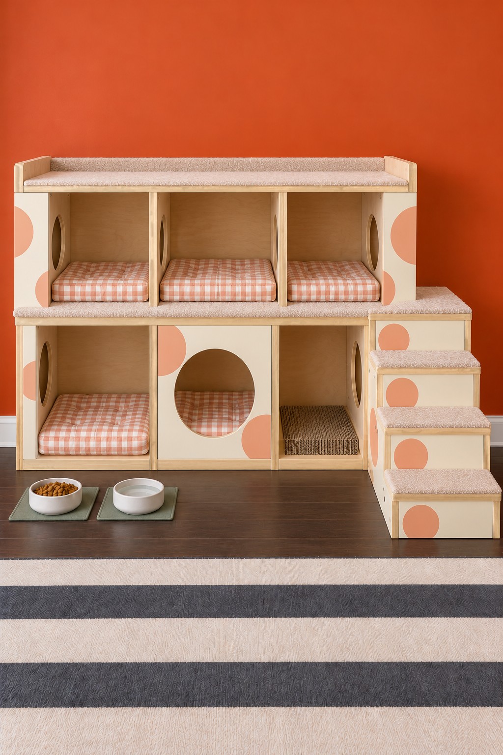 Cream cat apartment with peach patterns, gingham sleeping bays, a scratch compartment, and side stairs