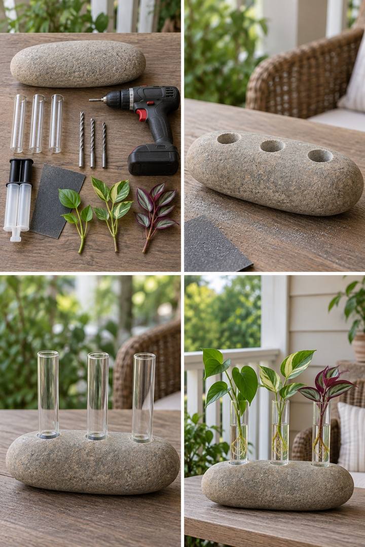 An elongated stone with three prepared holes, glass tubes, and leafy plant cuttings