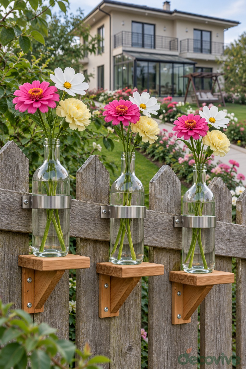 Three clear wine bottles with pink flowers on individual wooden fence shelves
