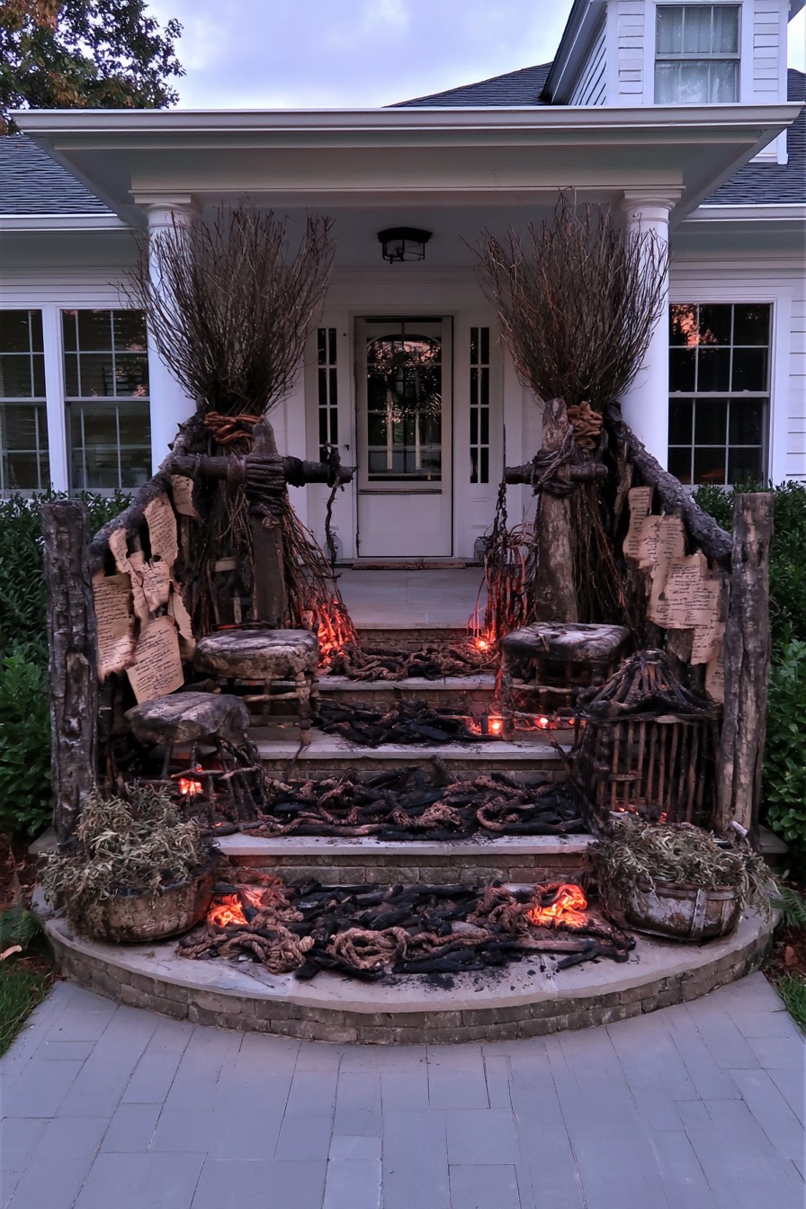 Branch-built witchy figures, aged chairs, paper props, and dark scenic debris on a porch
