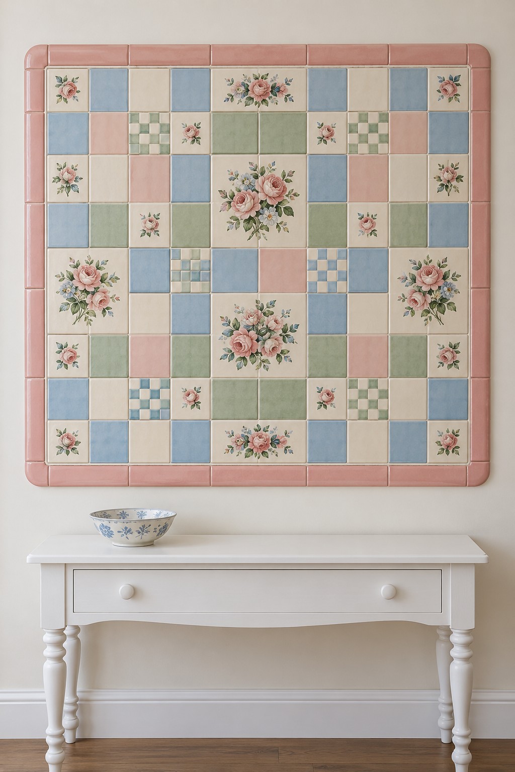 Framed patchwork of blue, sage, pink, cream, floral, and checked tiles above a white console