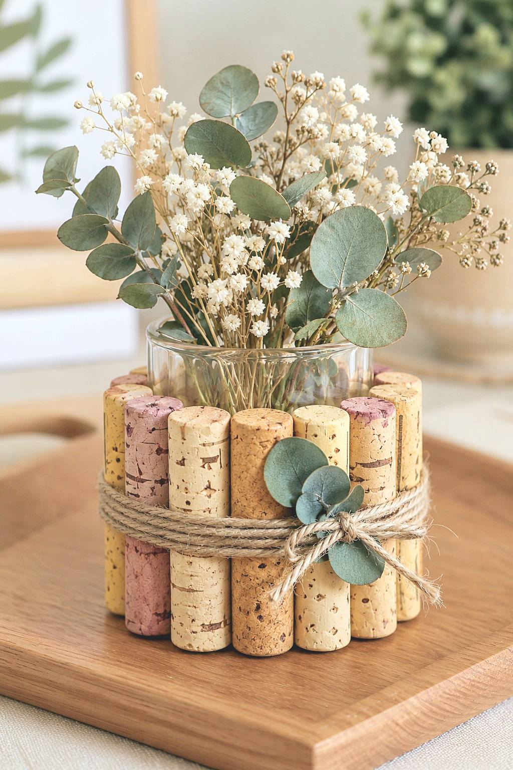Glass flower vase surrounded by upright corks and a twine bow