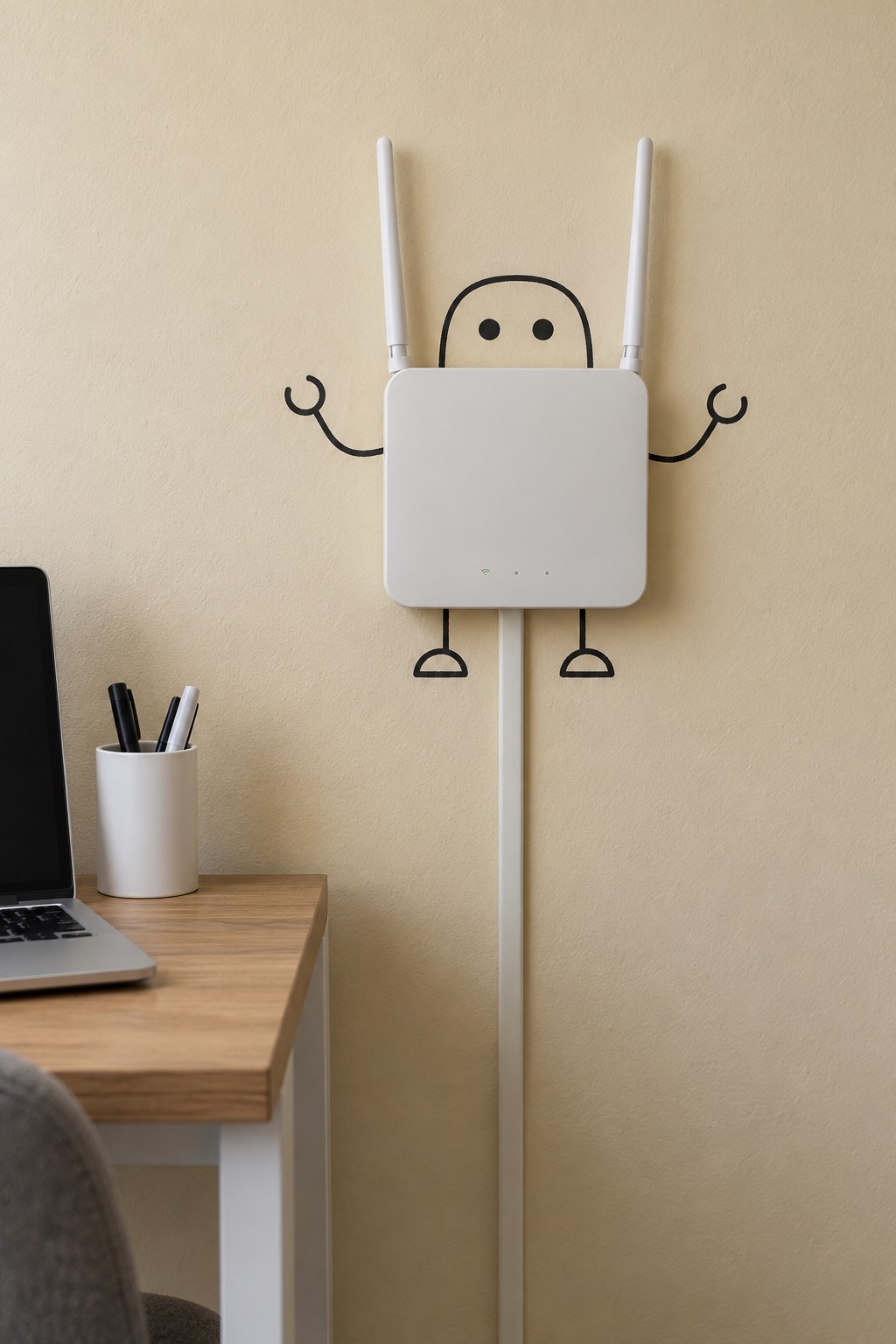 White router with two antennas surrounded by a small painted robot face, arms and feet on a cream wall