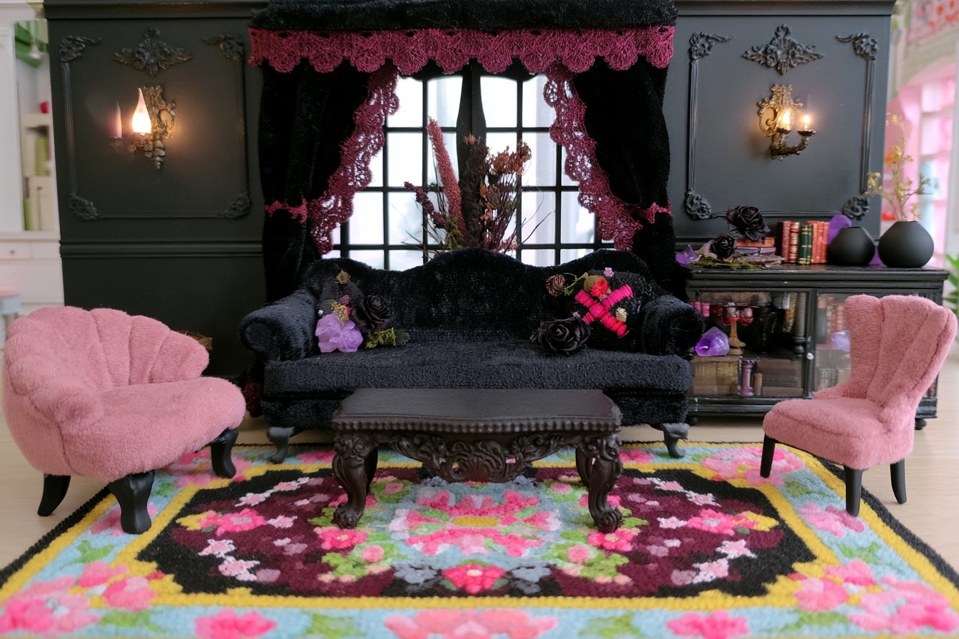 Black sofa and two blush chairs against charcoal molded walls, with burgundy lace and a bright floral rug