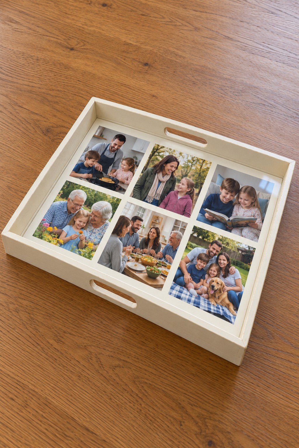 Cream wooden tray with six family photographs arranged beneath a clear protective insert