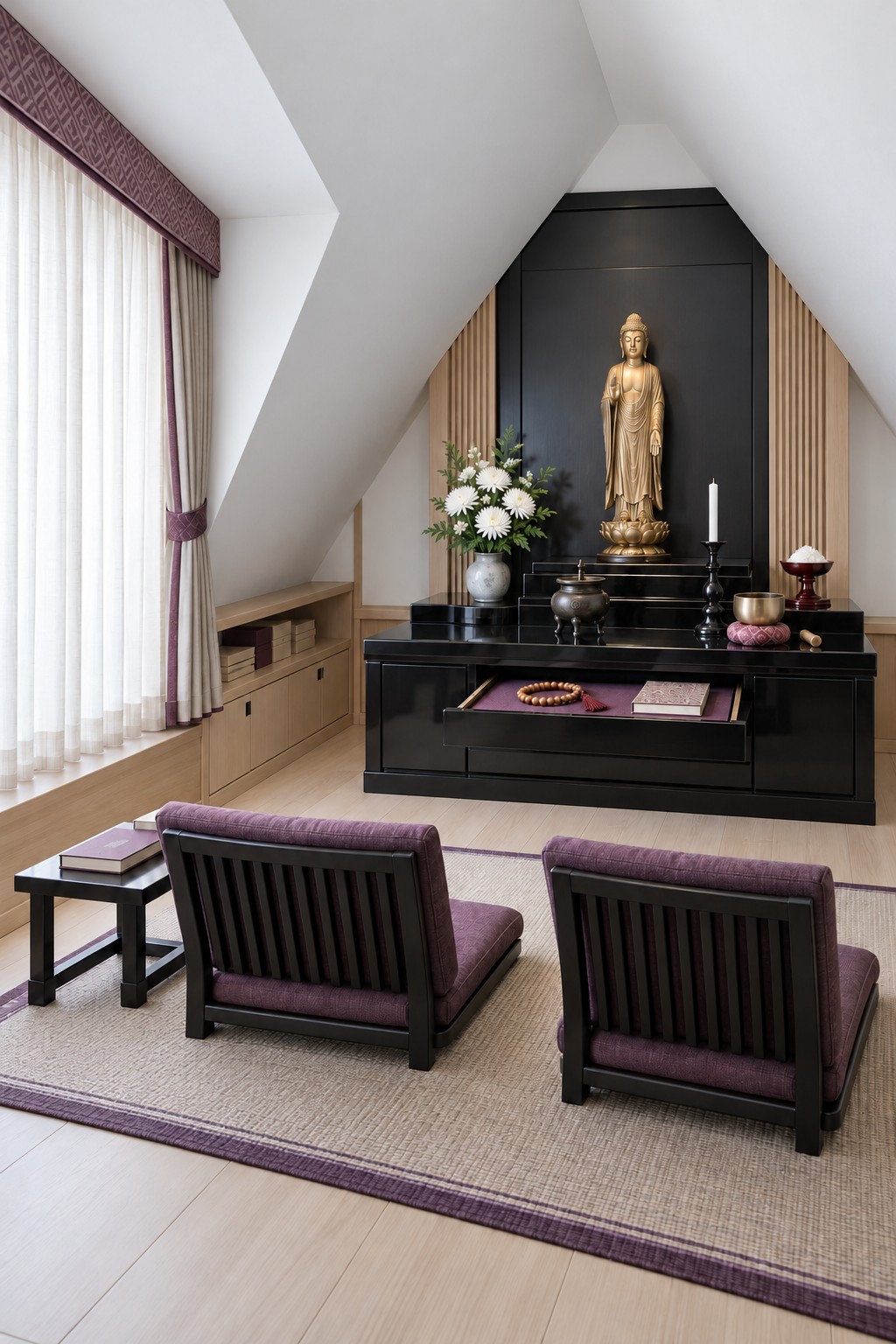 Golden standing Buddha above a black shrine cabinet facing two purple upholstered low wooden chairs