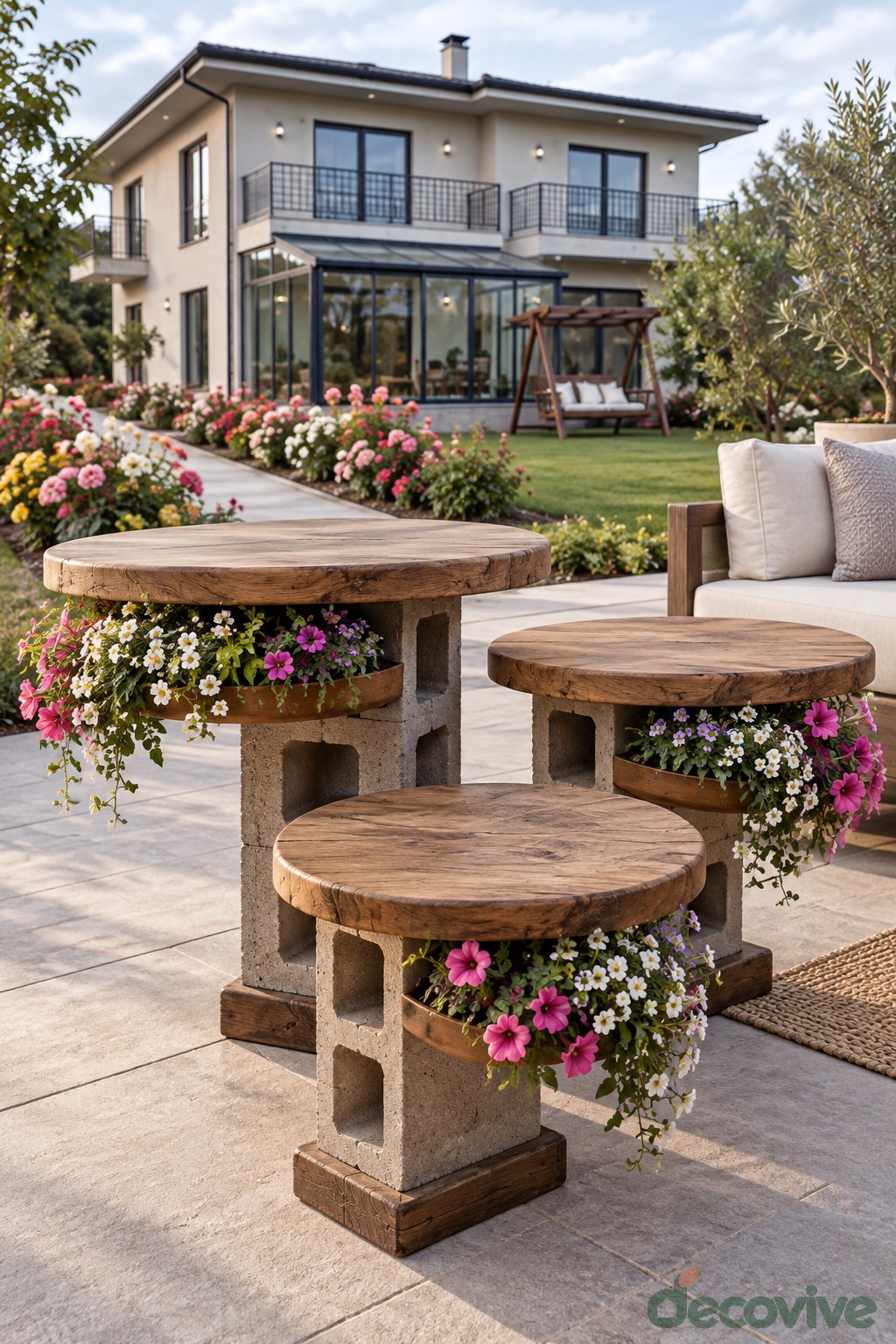 Three round wooden pedestal tables of different heights with flowers beneath their tops