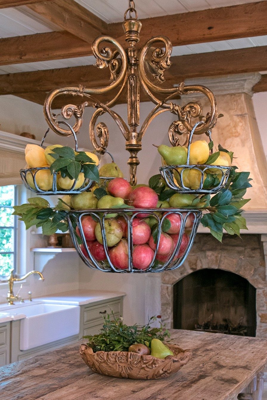 Gold chandelier frame holding wire baskets filled with apples, pears and lemons above a kitchen island