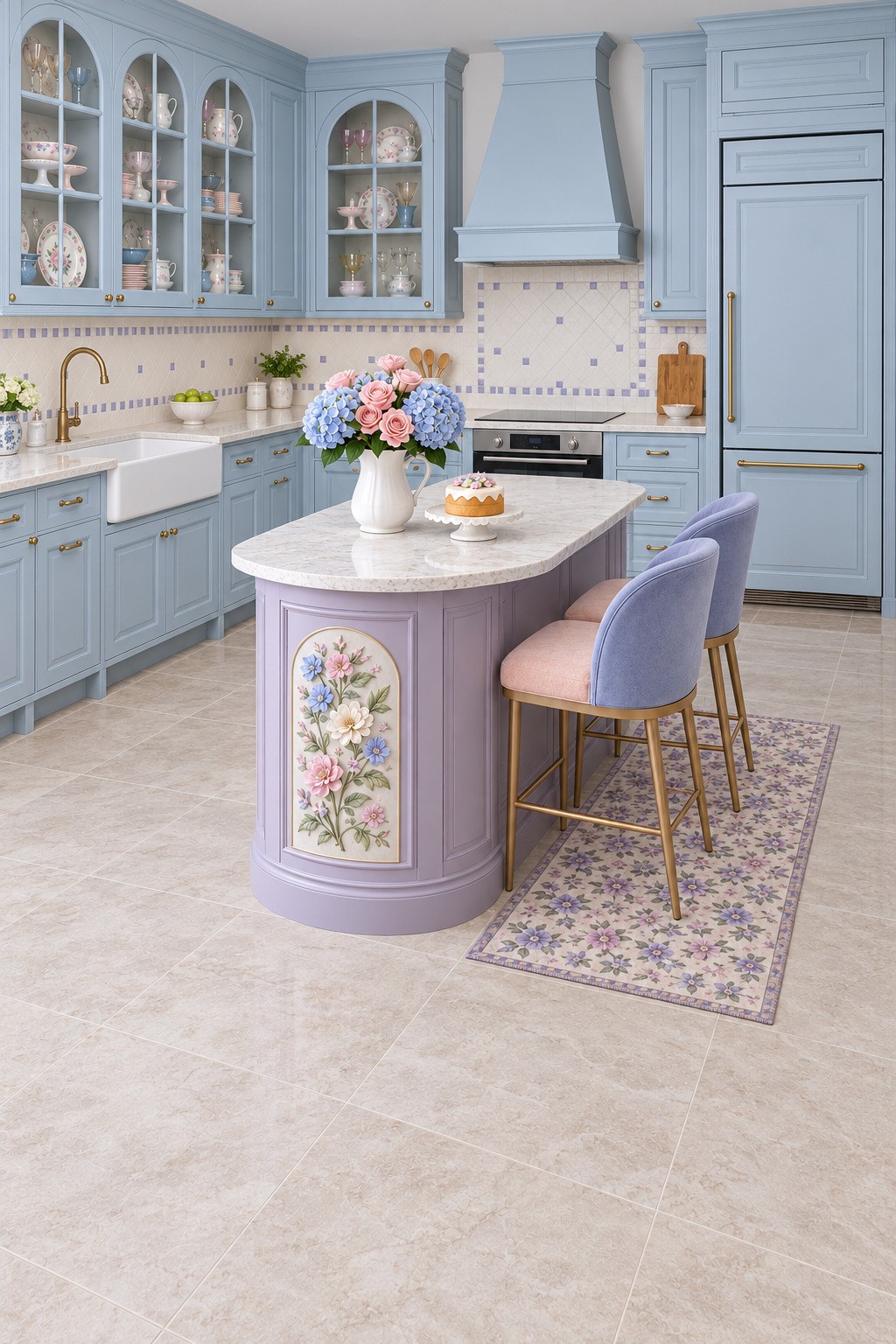 Lavender curved kitchen island with a raised floral panel, pastel upholstered stools, blue cabinets, and pink and blue flowers