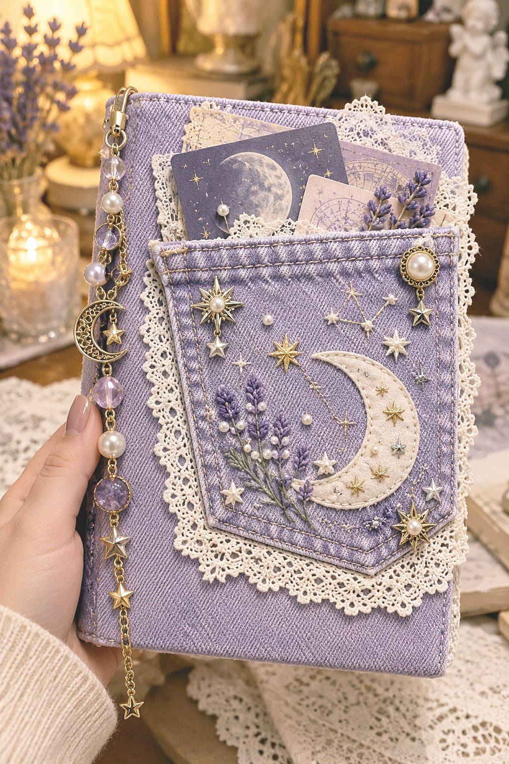 Lavender denim sketchbook pocket with crescent moon embroidery, small stars, lace, and celestial cards