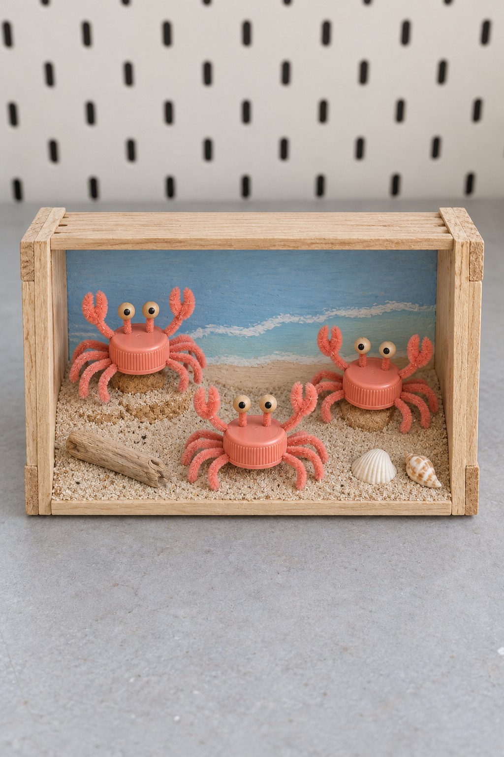 Wooden beach shadow box containing three coral plastic cap crabs with curled legs, eye stalks, sand, and shells