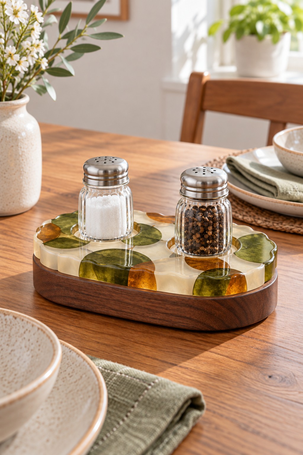 A small clear resin tray with amber and green leaf inclusions on a dark wooden base, holding two glass seasoning shakers.