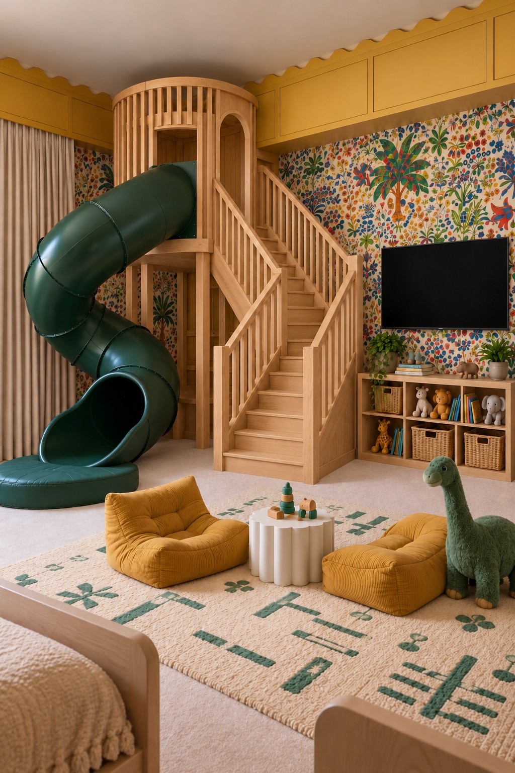 Timber indoor tower with railed stairs and dark green enclosed slide beside mustard floor seats and a woodland patterned rug