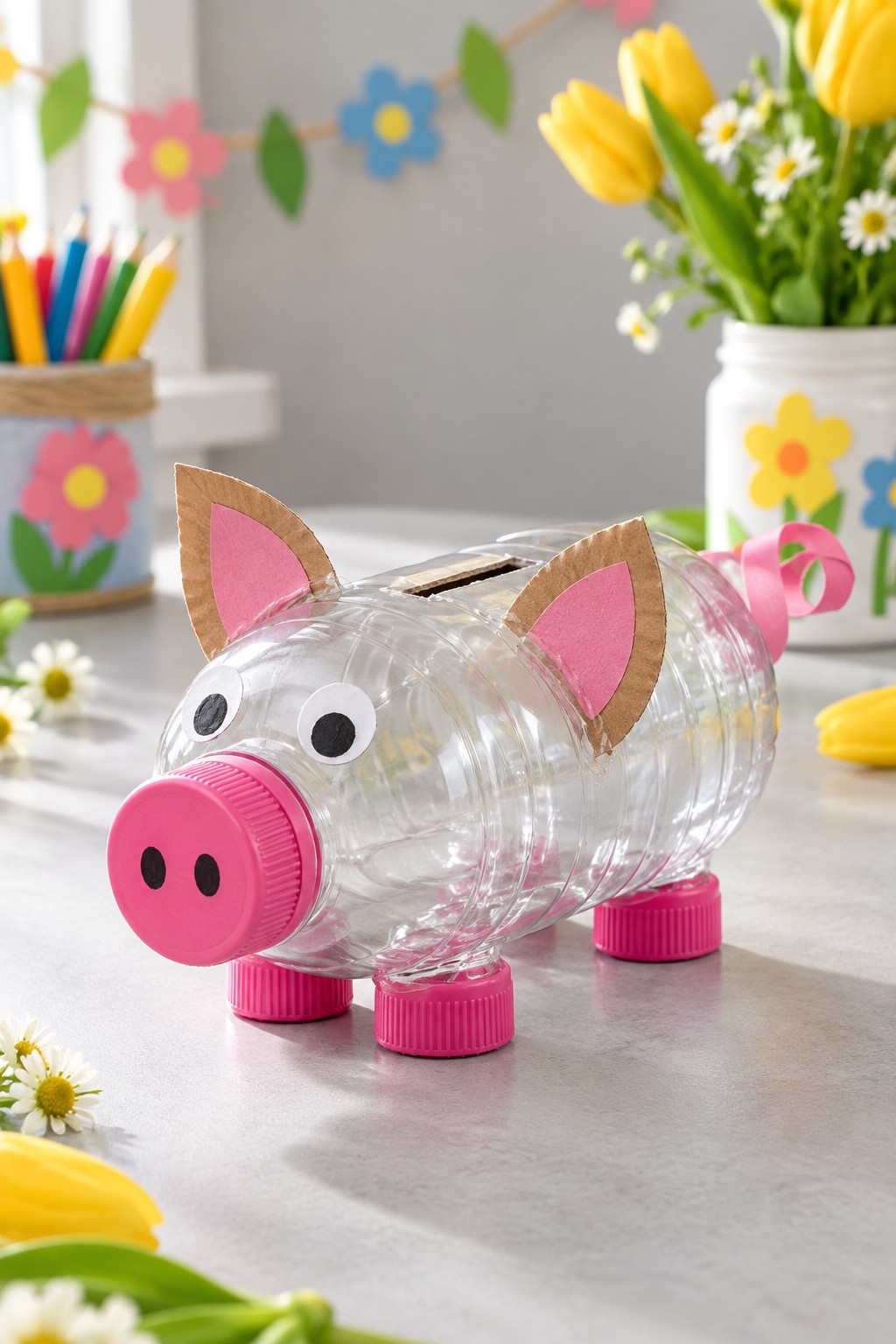 Clear plastic bottle piggy bank with pink cap snout and feet, cardboard ears, and a curled tail
