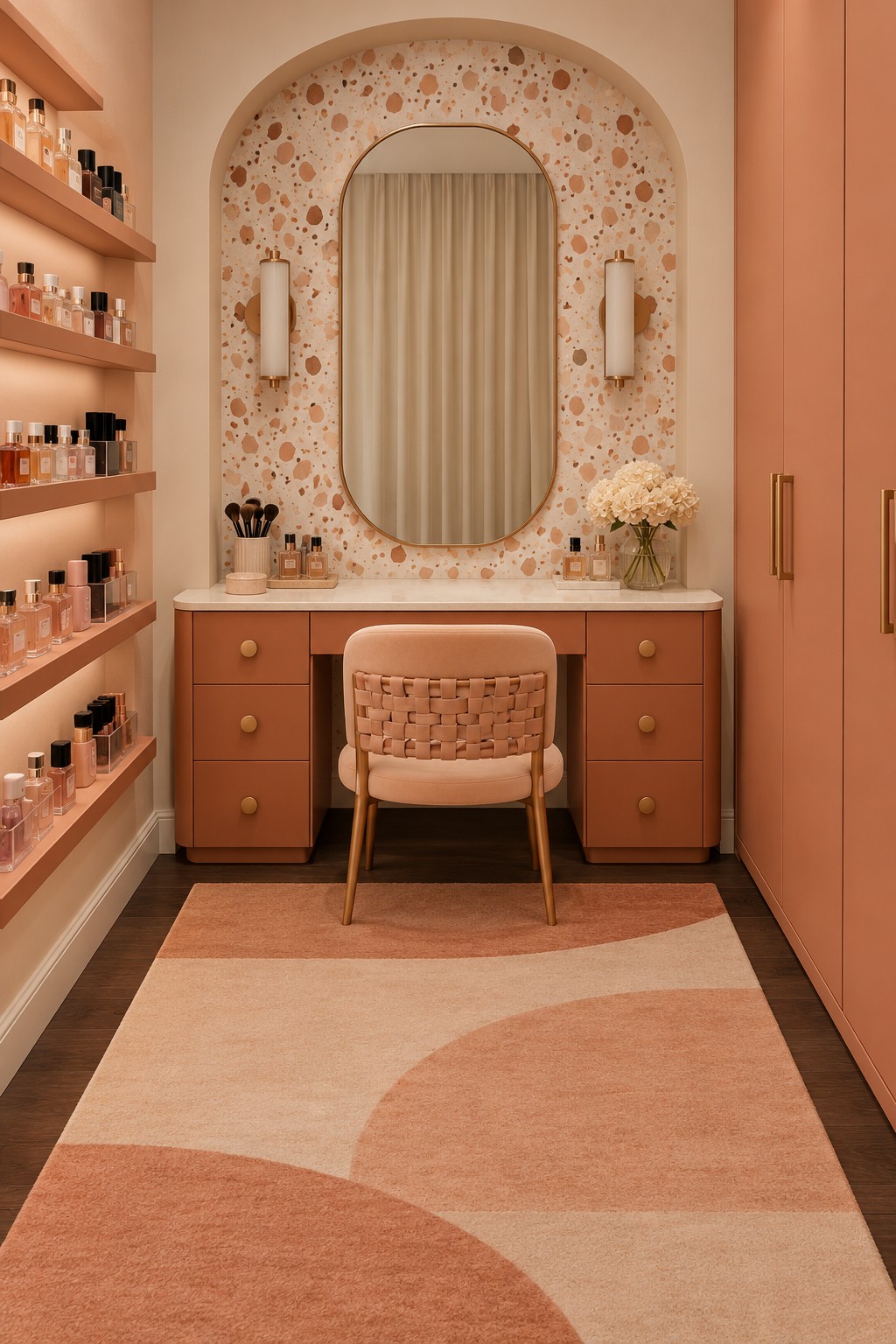 Peach vanity room with a floral arched recess, oval mirror, woven chair back, and geometric peach rug