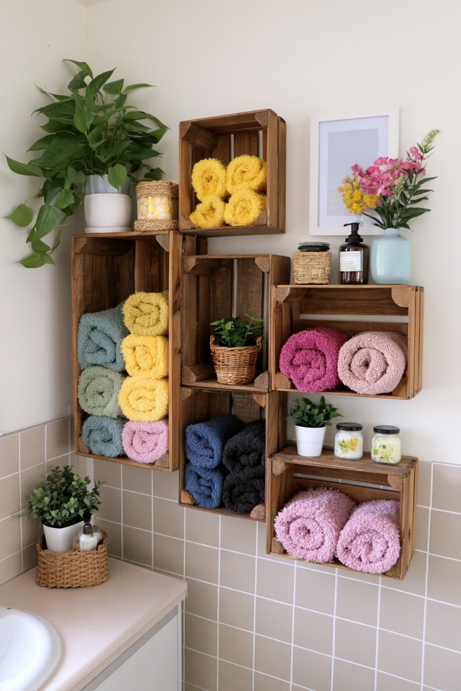 Wall mounted wooden crates holding towels and bathroom essentials