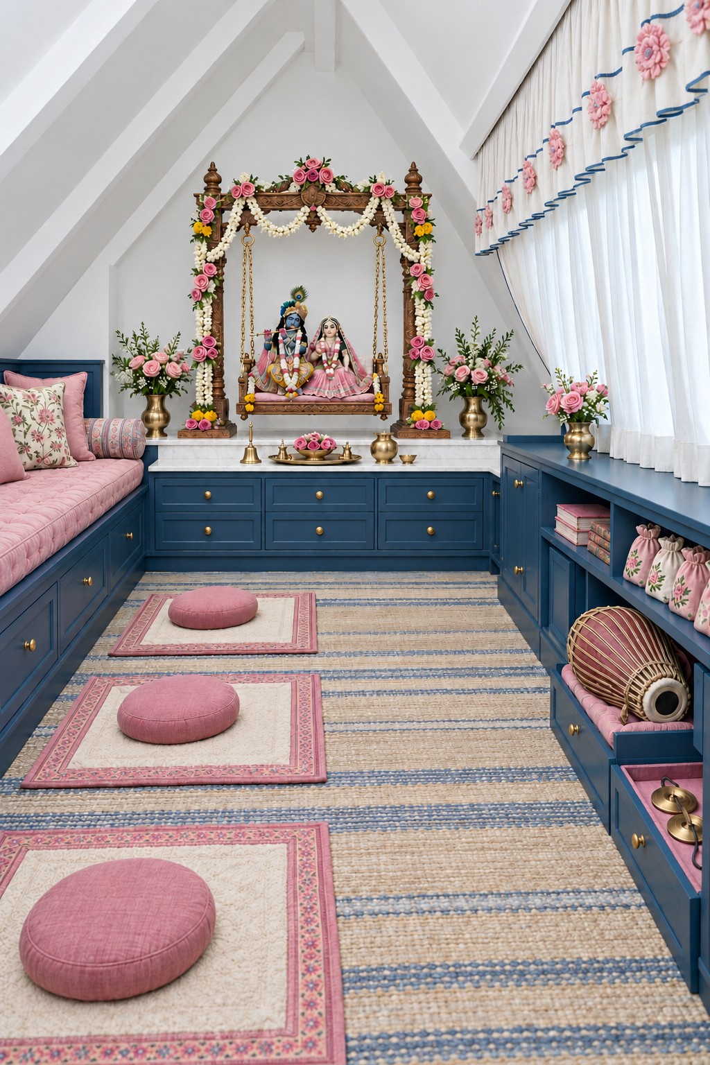 Flower draped Krishna devotional shrine above blue attic cabinetry with pink floor cushions and a matching bench