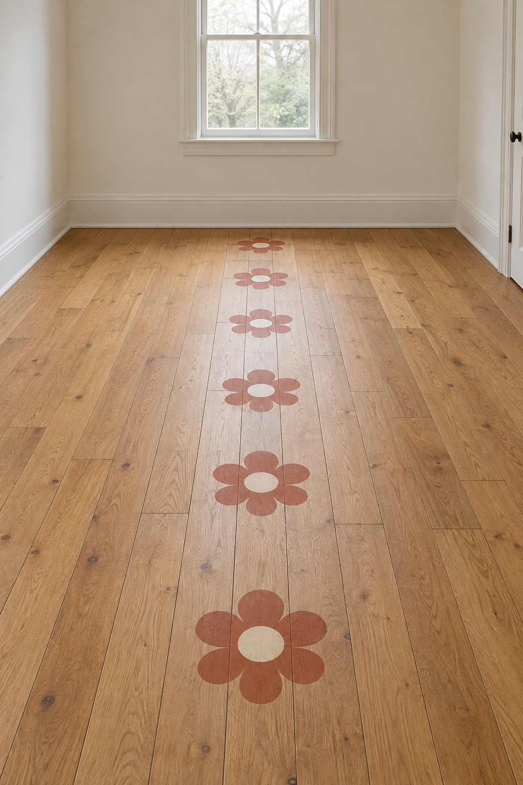 Completed row of terracotta flowers with cream centers on an otherwise visible wooden floor