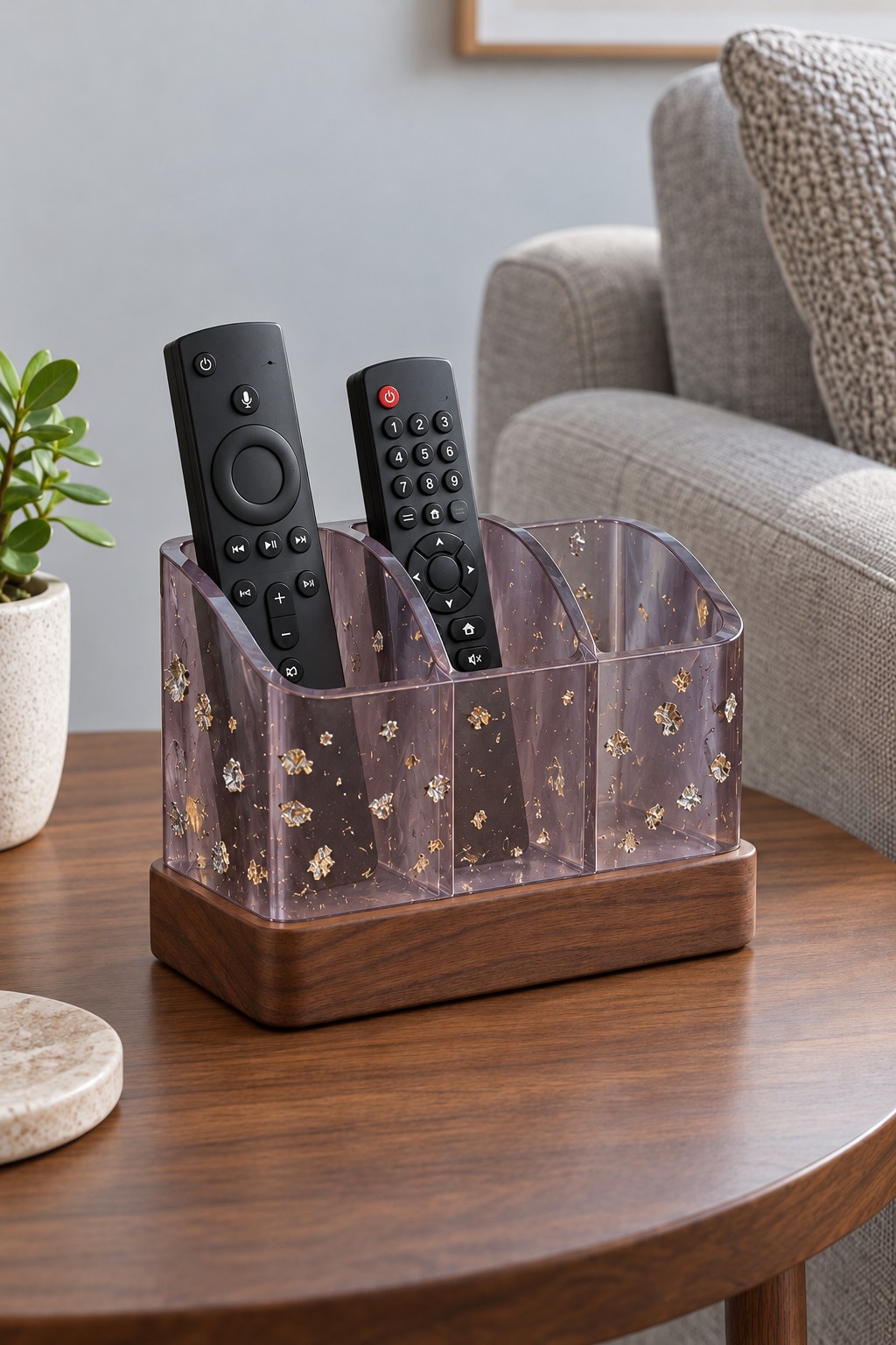A divided smoky lilac resin remote control holder with tiny floral inclusions on a dark wooden base.