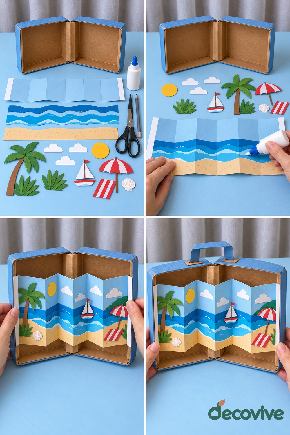 Cardboard Suitcase with an Accordion Beach Scene
