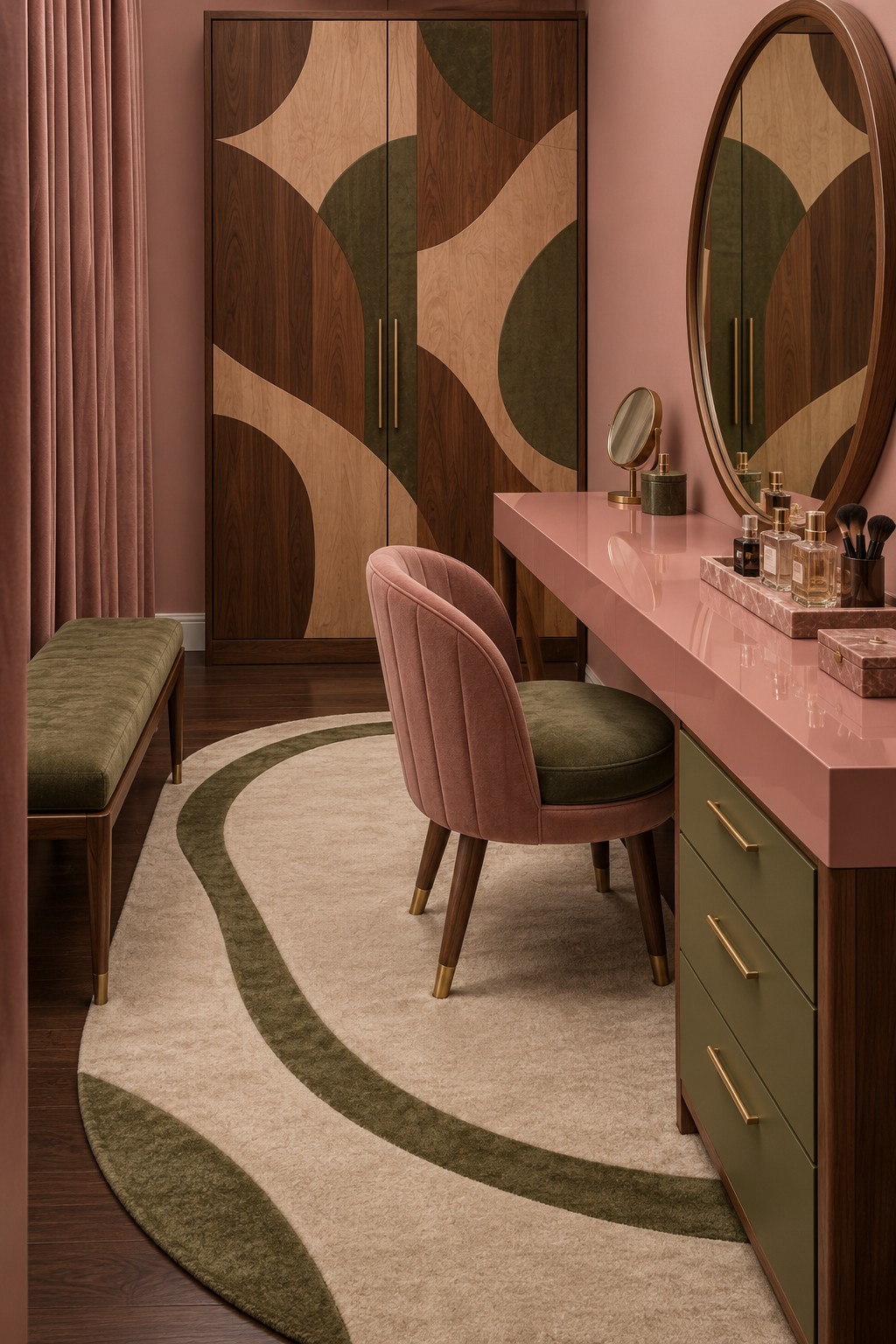 Rose vanity with olive drawers, a pink and green chair, oval mirror, and geometric wood wardrobe