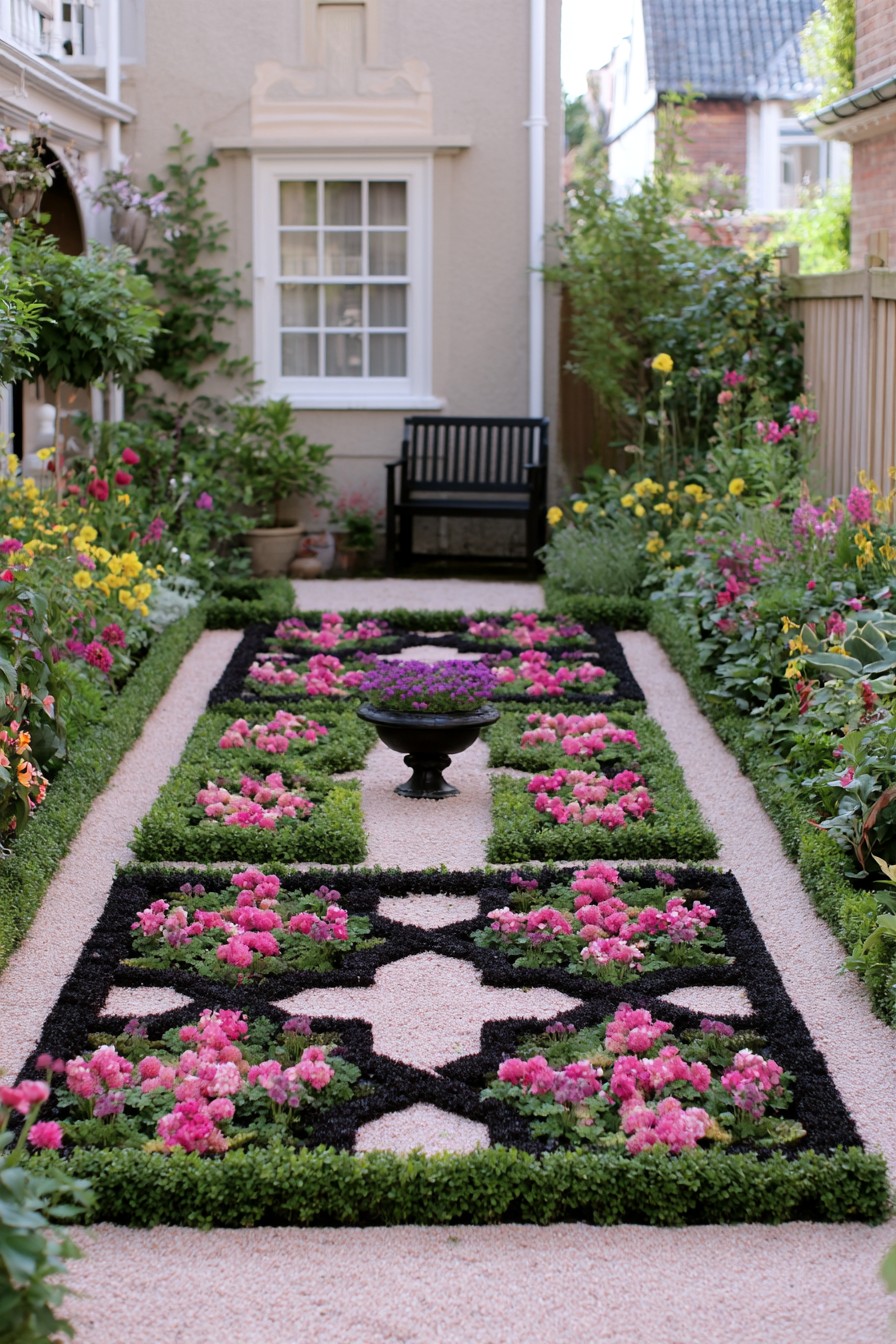 Symmetrical flower beds with dark divisions, pink flowers, and a central garden pedestal