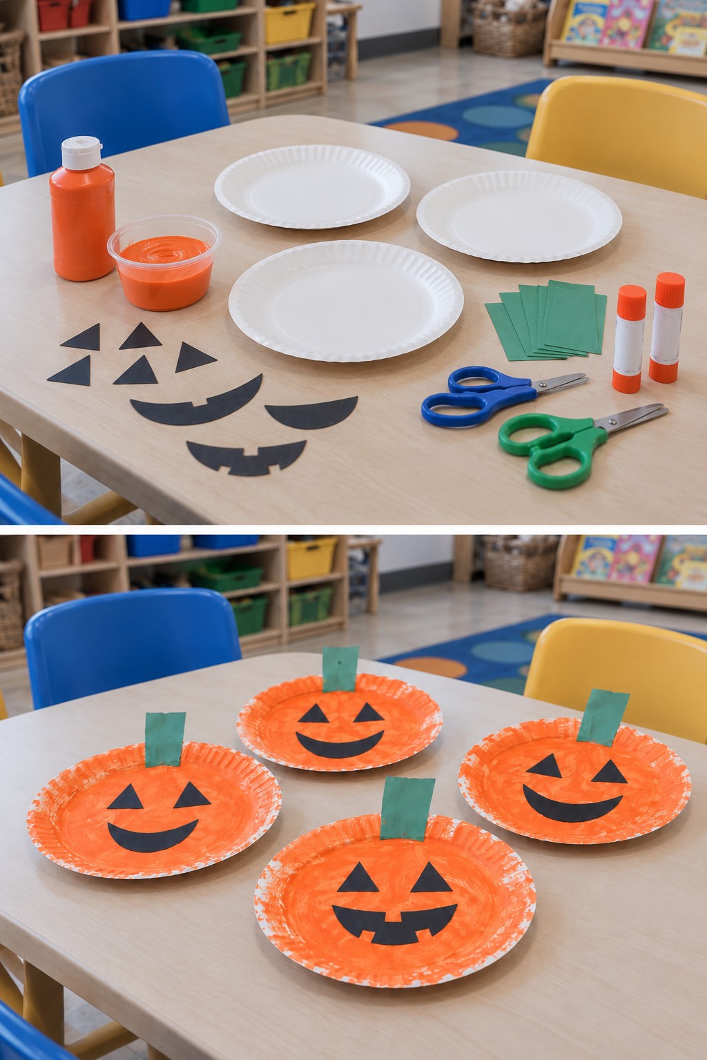 Paper plates, orange paint and cut paper shapes above finished smiling pumpkin faces