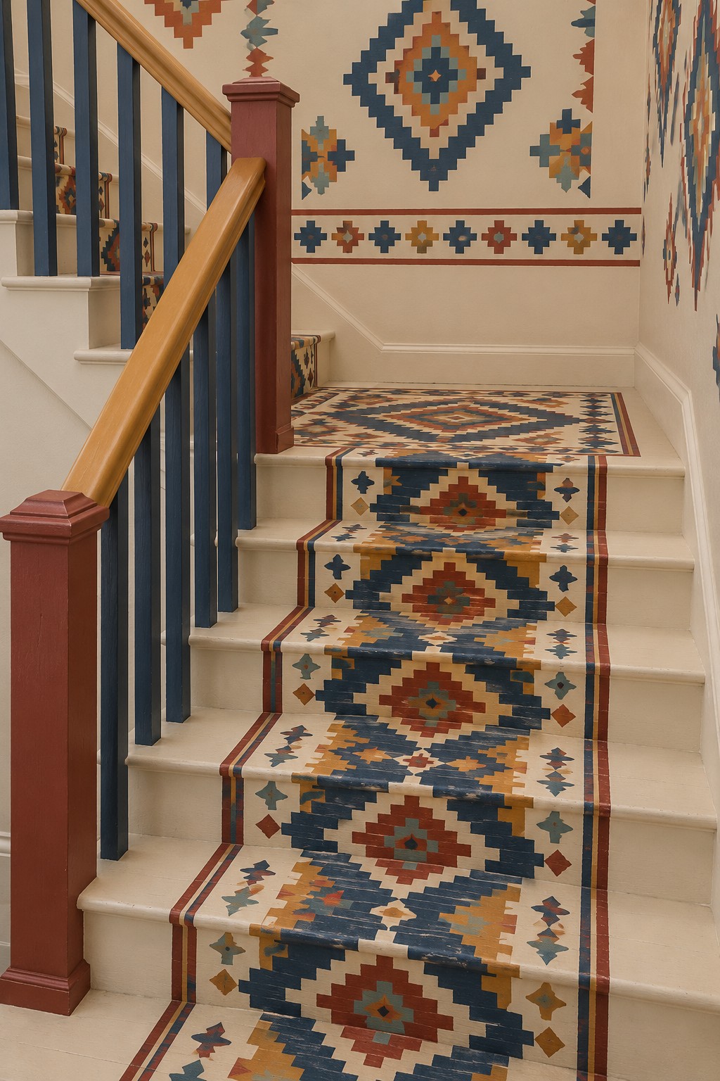 Cream stairs with a navy and rust geometric center, blue spindles, and matching wall motifs