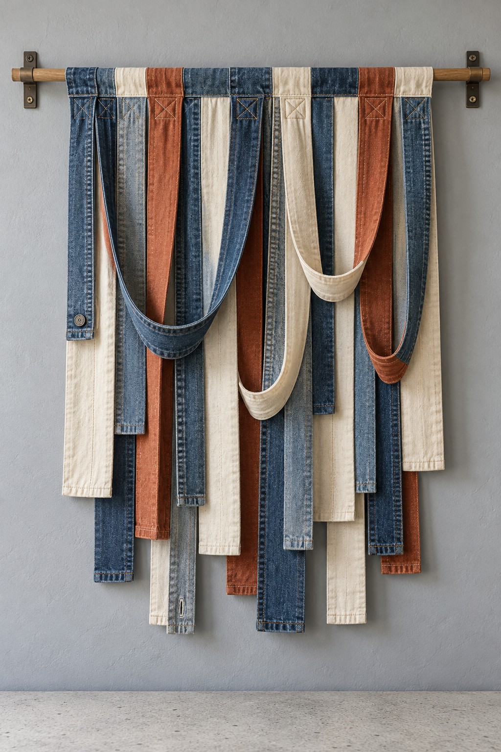 Wall hanging of blue, cream, and rust fabric strips with draped loops on a wooden rod