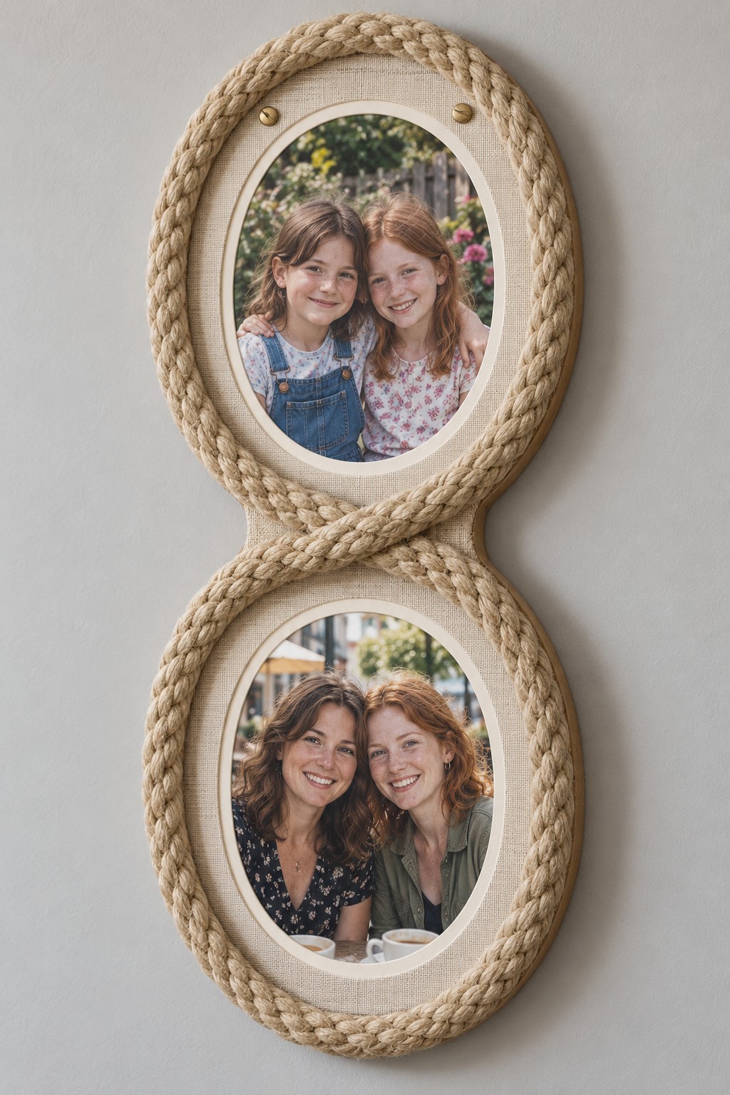 Two oval family portraits surrounded by a thick braided rope figure eight border