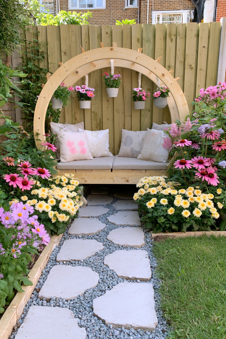 Double curved timber frame above a cushioned bench with hanging pots and a stone path