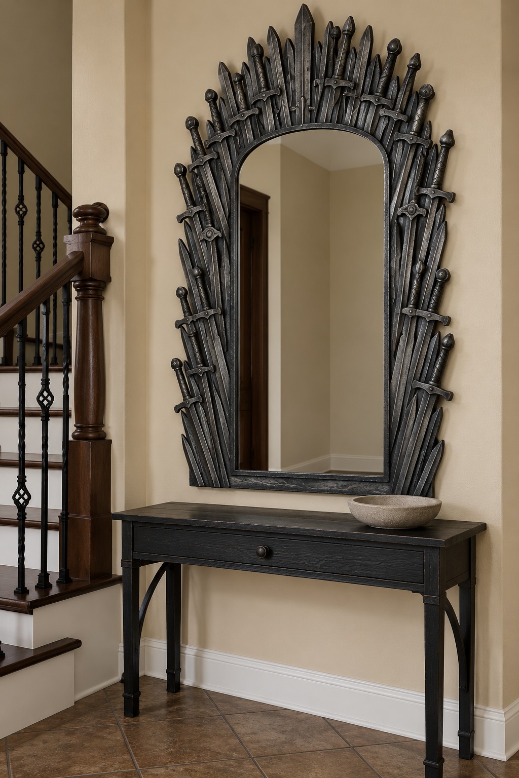 Arched mirror surrounded by overlapping dark sword shapes above a black wooden console table