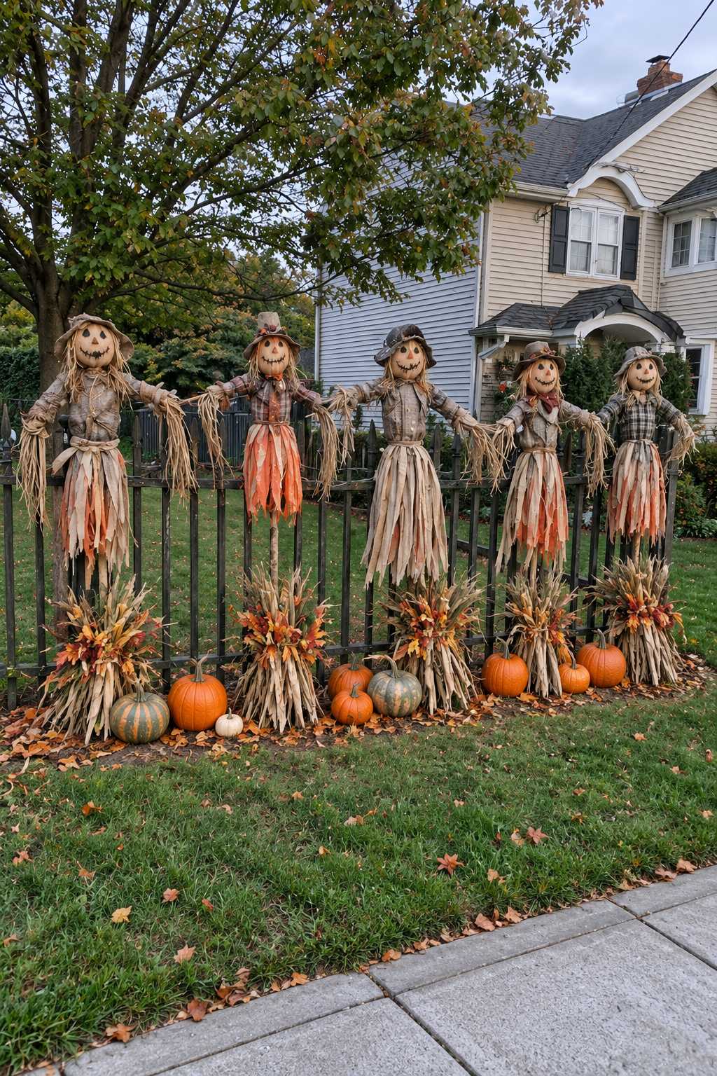 Smiling harvest scarecrows along a black fence with corn bundles and mixed pumpkins at ground level