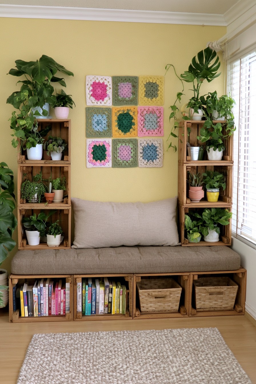 Indoor garden seating area with wooden crate storage and plant shelves