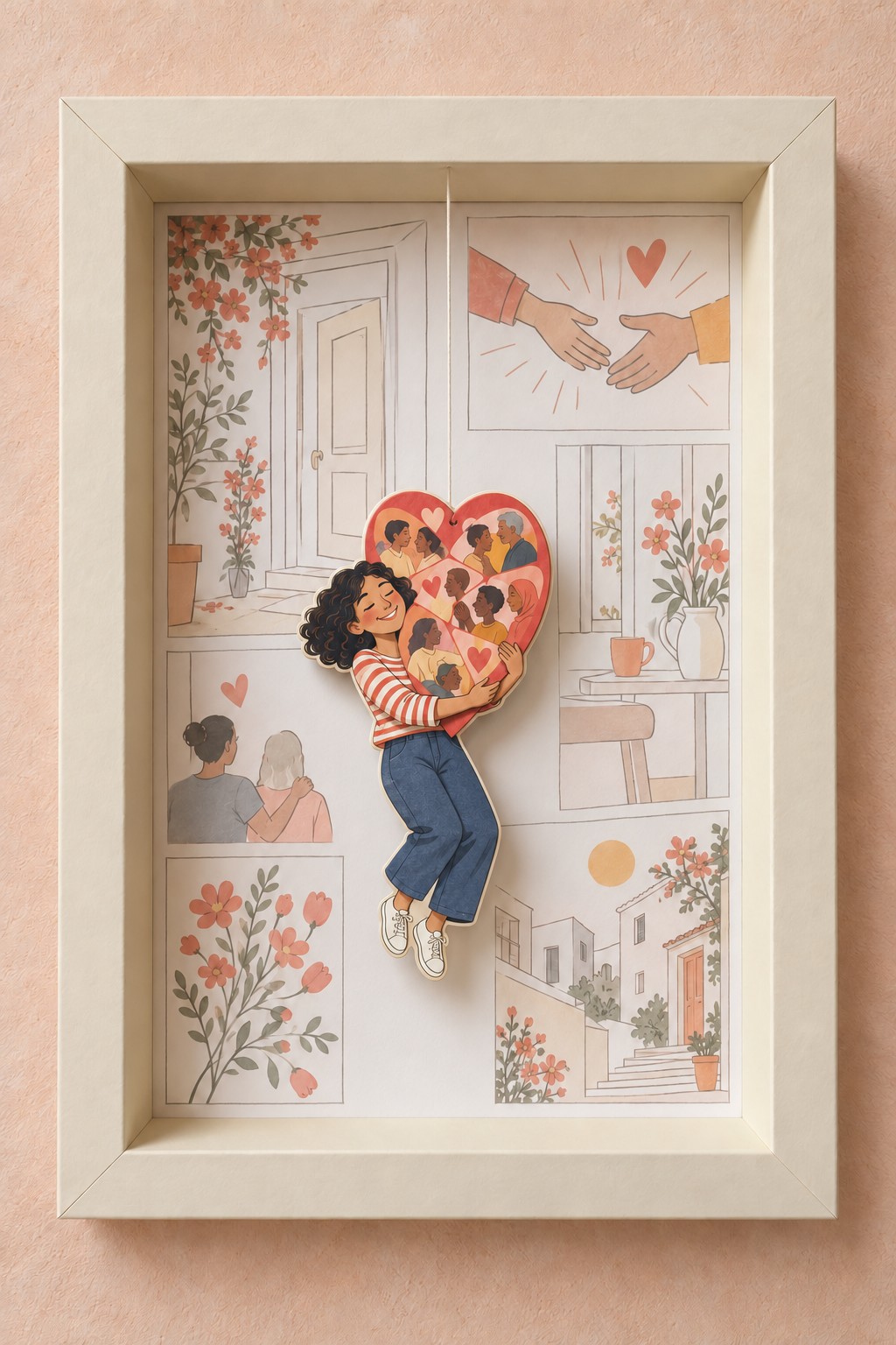 Cream 3D frame with a girl holding a portrait filled heart over warm home and flower illustrations