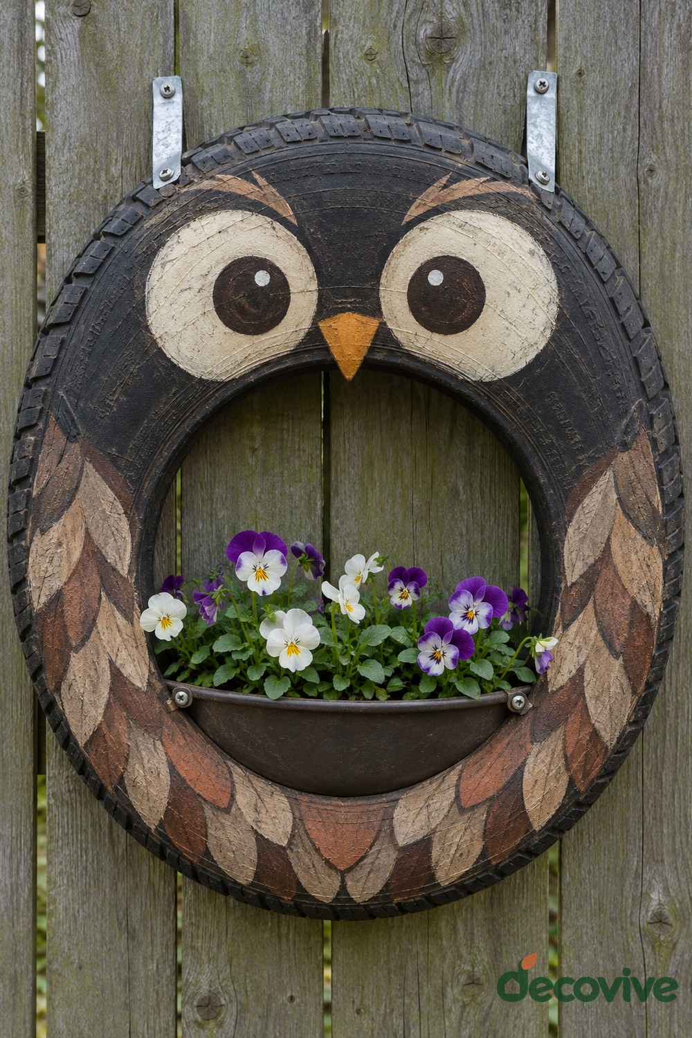 Dark tire painted as an owl with cream eyes, an orange beak, layered feather shapes, and a pocket of purple and white violas