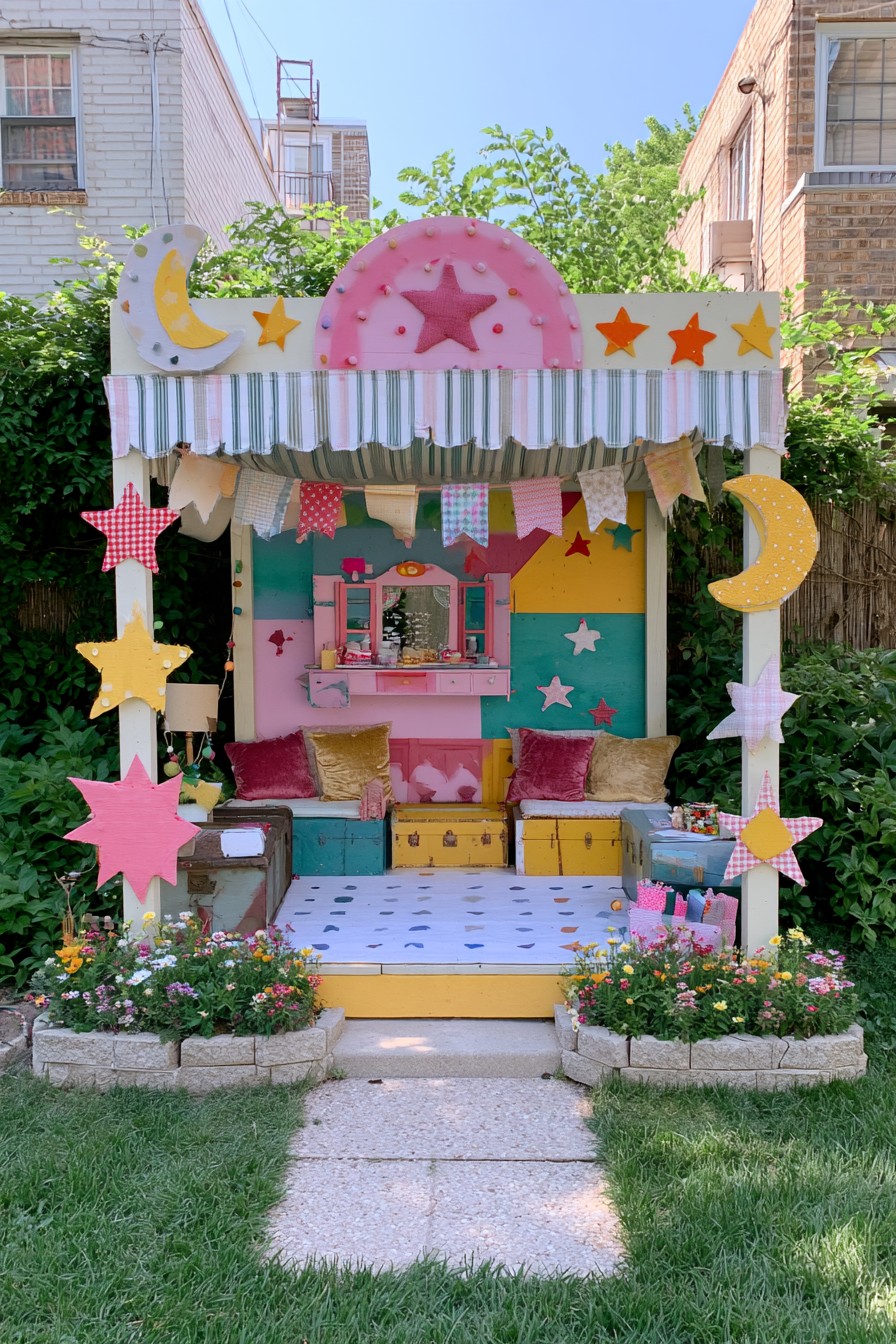 Colorful moon and star decorations above trunk-style seating and a patterned floor