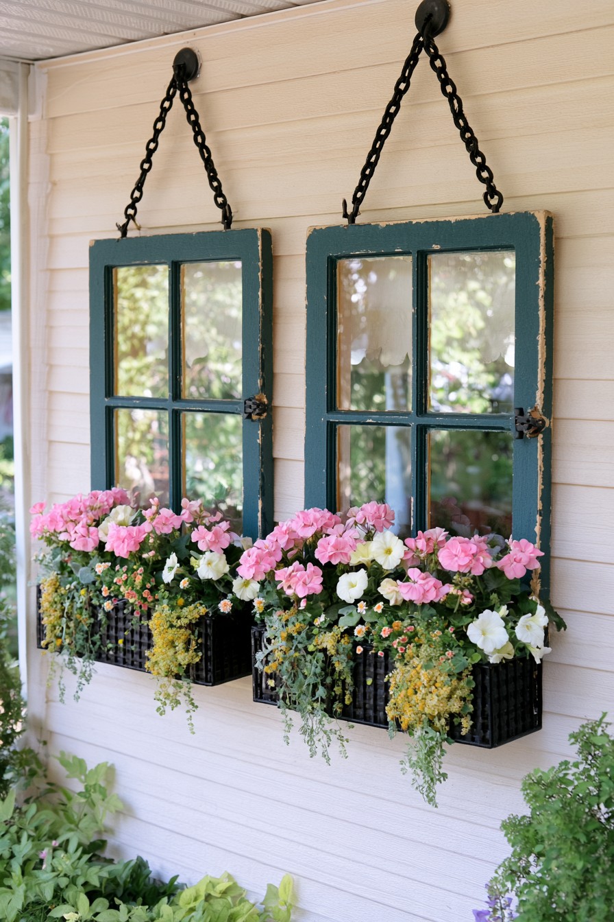 Two hanging old window frames paired with flower boxes on a sheltered porch