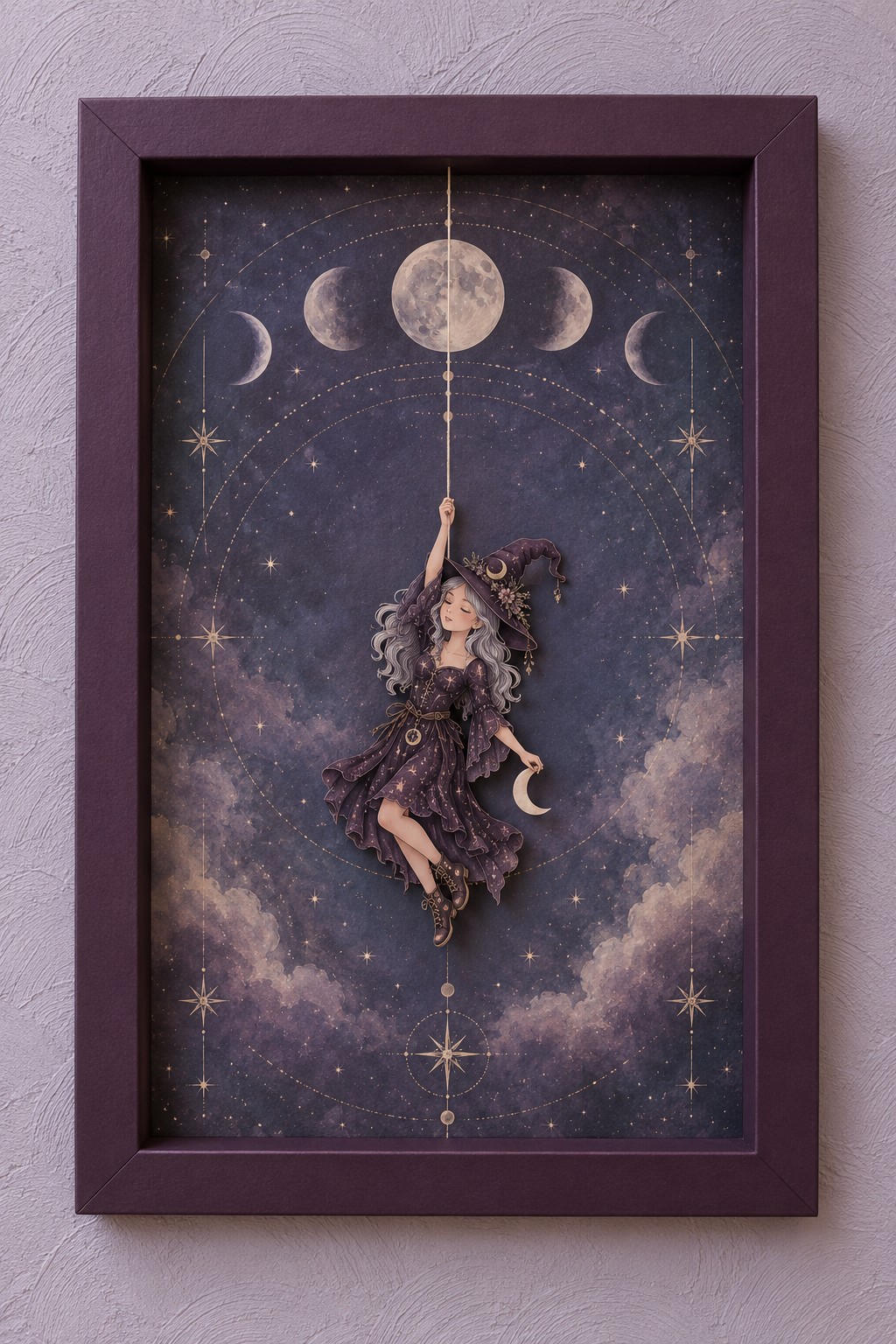 Plum paper frame with a hanging purple witch below moon phases on a starry violet background